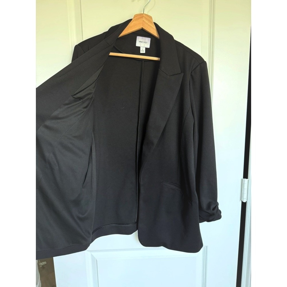 Nine West Womens Black Ruched 3/4 Sleeve Open Front Blazer Jacket Large - Picture 6 of 10